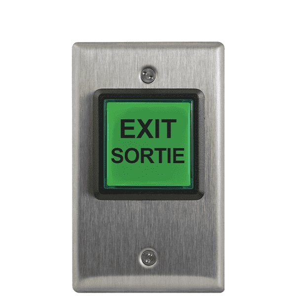 LED illuminated exit switch English 'Push to Exit', 12-28V LED Illuminated. For French langu